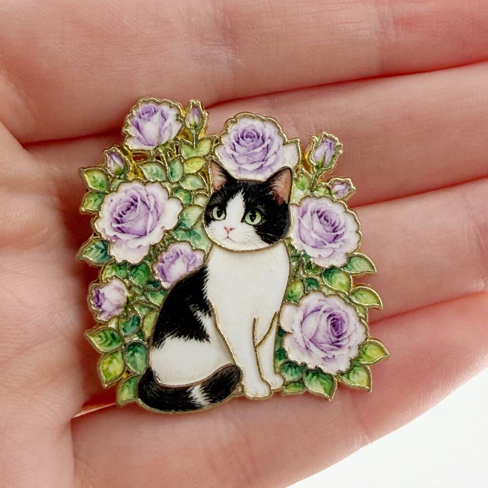 Black White Cat Purple Roses Enamel Pin Floral Kitty Garden Animal Lapel Pin
